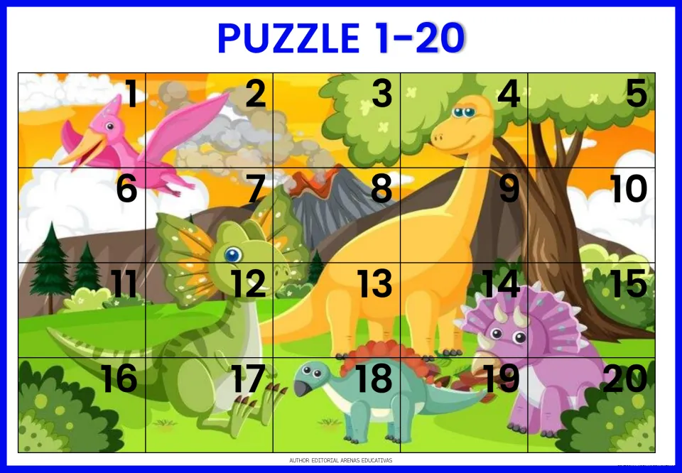Dinosaur puzzle 2: 20 numbered pieces to cut out showing a pterodactyl, long-neck dinosaur and triceratops by a volcano