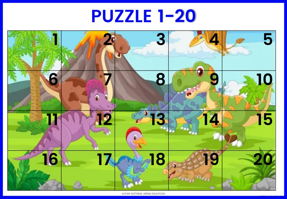 Dinosaur puzzle 3: cut out 20 numbered pieces of a volcano scene with a T. rex, ankylosaurus and purple crested dinosaur