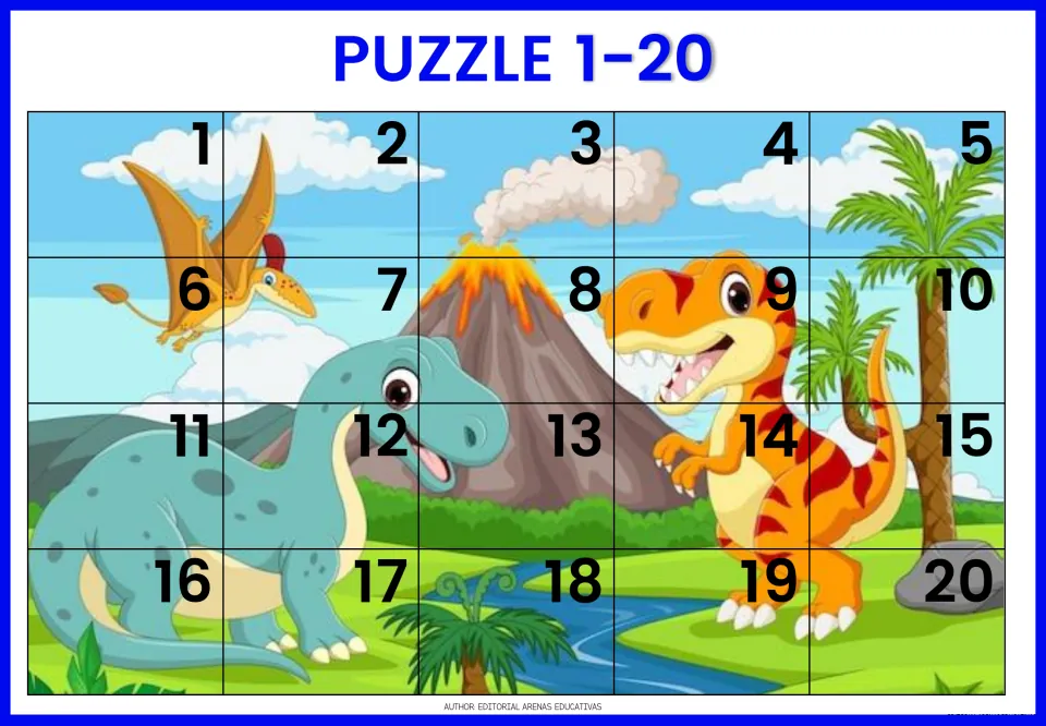 Dinosaur puzzle 4: cut out 20 numbered pieces showing an orange T. rex, a blue long-neck dinosaur and a pterodactyl
