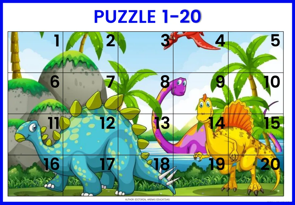 Dinosaur puzzle 5: cut out 20 numbered pieces showing a blue stegosaurus, purple long-neck dinosaur and yellow spinosaurus