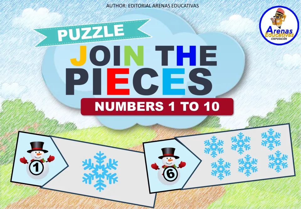 Join the Pieces cover, numbers 1 to 10: snowman numeral pieces join snowflake pieces, with sample puzzles for 1 and 6