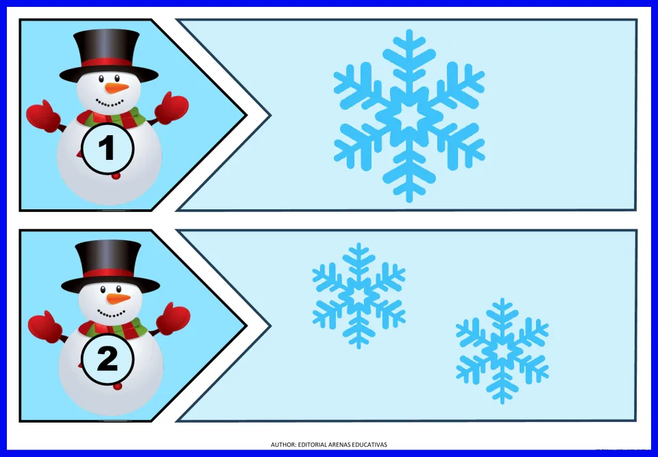 Number puzzles 1 and 2: cut-out pieces with a snowman numeral that students join to the piece showing 1 or 2 snowflakes