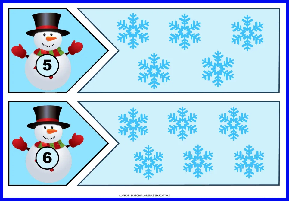 Number puzzles 5 and 6: cut-out snowman numeral pieces join to pieces with 5 or 6 snowflakes for one-to-one counting