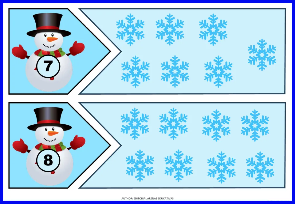 Number puzzles 7 and 8: students count 7 or 8 snowflakes on a cut-out piece and fit it to the matching snowman numeral