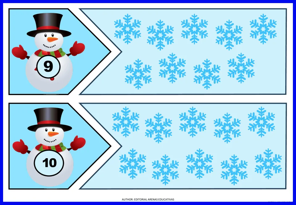 Number puzzles 9 and 10: cut-out snowman pieces numbered 9 and 10 join to pieces showing 9 or 10 snowflakes for counting