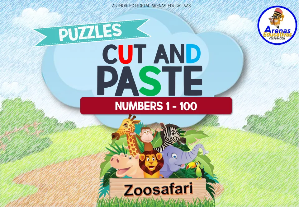 Cover of the safari number puzzle resource, labeled 'Cut and Paste,' 'Numbers 1–100,' and 'Zoosafari'