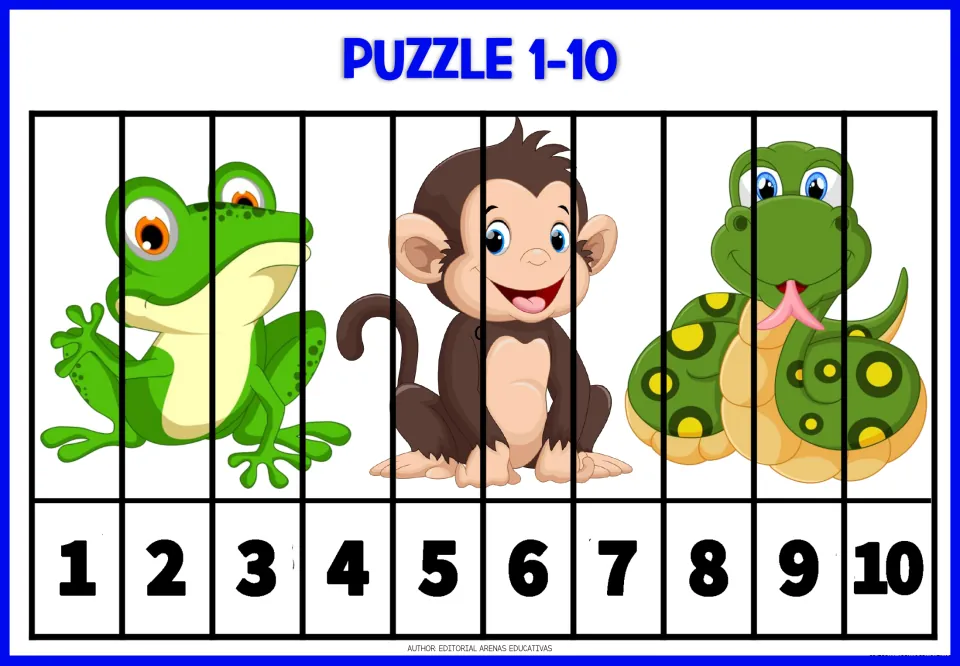 Number puzzle for 1–10: ten numbered strips form a frog, monkey, and snake picture to cut and paste