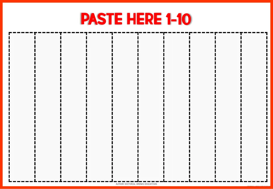 Paste sheet labeled 'Paste Here 1–10,' where the ten cut strips from the first number puzzle are placed