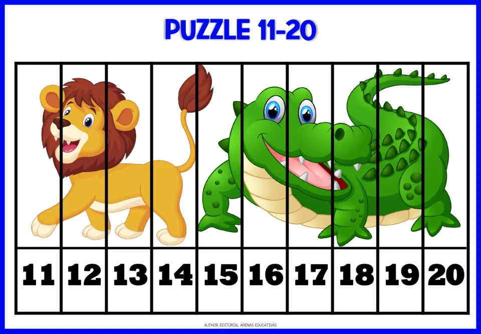 Number puzzle for 11–20: ten numbered strips form a lion and crocodile picture to cut apart and paste
