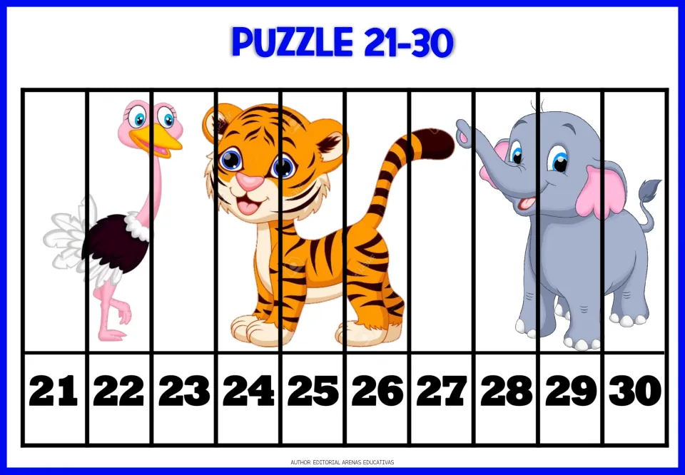 Number puzzle for 21–30: ten numbered strips form an ostrich, tiger, and elephant picture to cut and paste