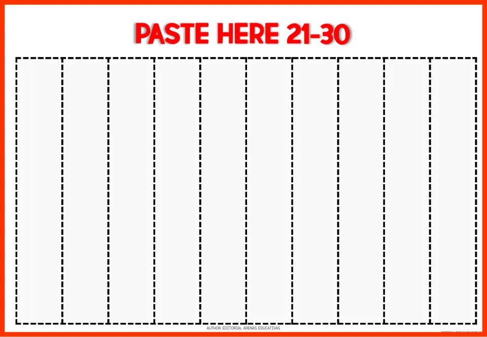 Paste sheet labeled 'Paste Here 21–30,' where the ten cut strips from the third number puzzle are placed