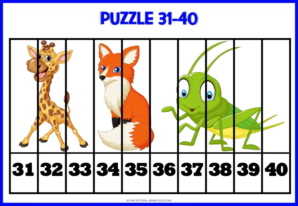 Number puzzle for 31–40: ten numbered strips form a giraffe, fox, and grasshopper picture to cut and paste