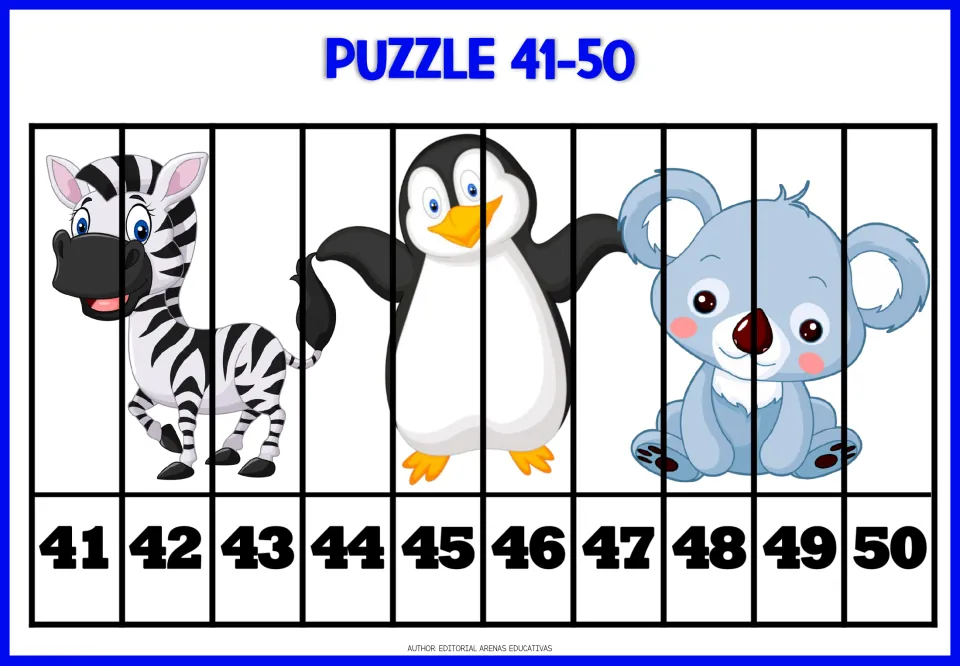 Number puzzle for 41–50: ten numbered strips form a zebra, penguin, and koala picture to cut and paste