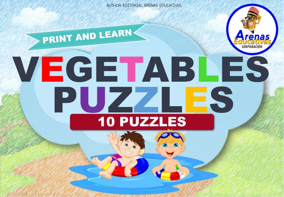 Vegetable number puzzle cover with the headings 'Print and Learn', 'Vegetables Puzzles' and '10 Puzzles'