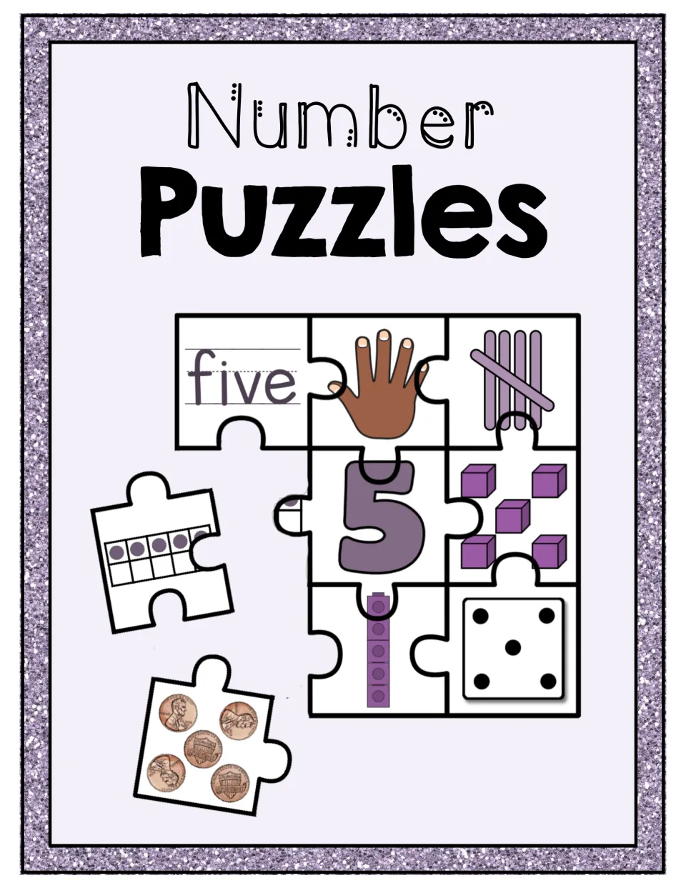 Number Puzzles cover: a puzzle for 5 matching the word, fingers, tally marks, ten frame, cubes, pennies and a die