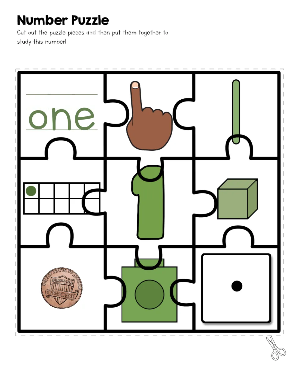 Number 1 puzzle: students cut out nine pieces matching one to a finger, a tally, a ten frame, a cube, a penny and a die