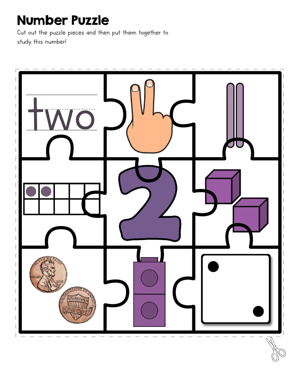 Number 2 puzzle: cut apart and rebuild pieces showing two, two fingers, tallies, cubes, pennies and a die with 2 dots