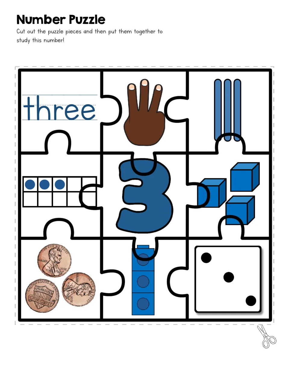 Number 3 puzzle: students assemble pieces matching three to 3 fingers, 3 tallies, a ten frame, cubes, pennies and dice dots