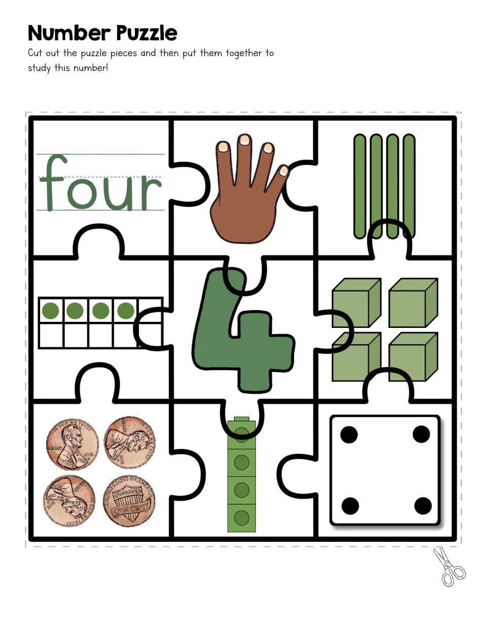 Number 4 puzzle for counting: students join pieces for four with fingers, tallies, a ten frame, 4 blocks, coins and a die