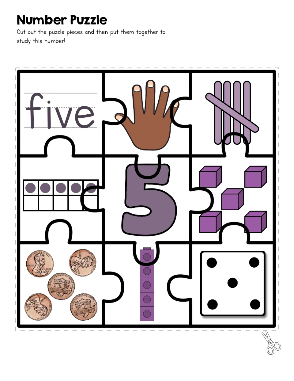 Number 5 puzzle: students fit together five, an open hand, a tally bundle, a full ten frame row, cubes, pennies and a die