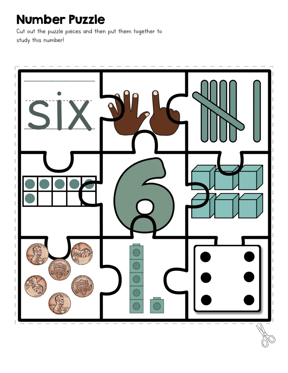 Number 6 puzzle: pieces pair six with two hands, 5+1 tallies, a ten frame, linking cubes, pennies and a 6-dot die