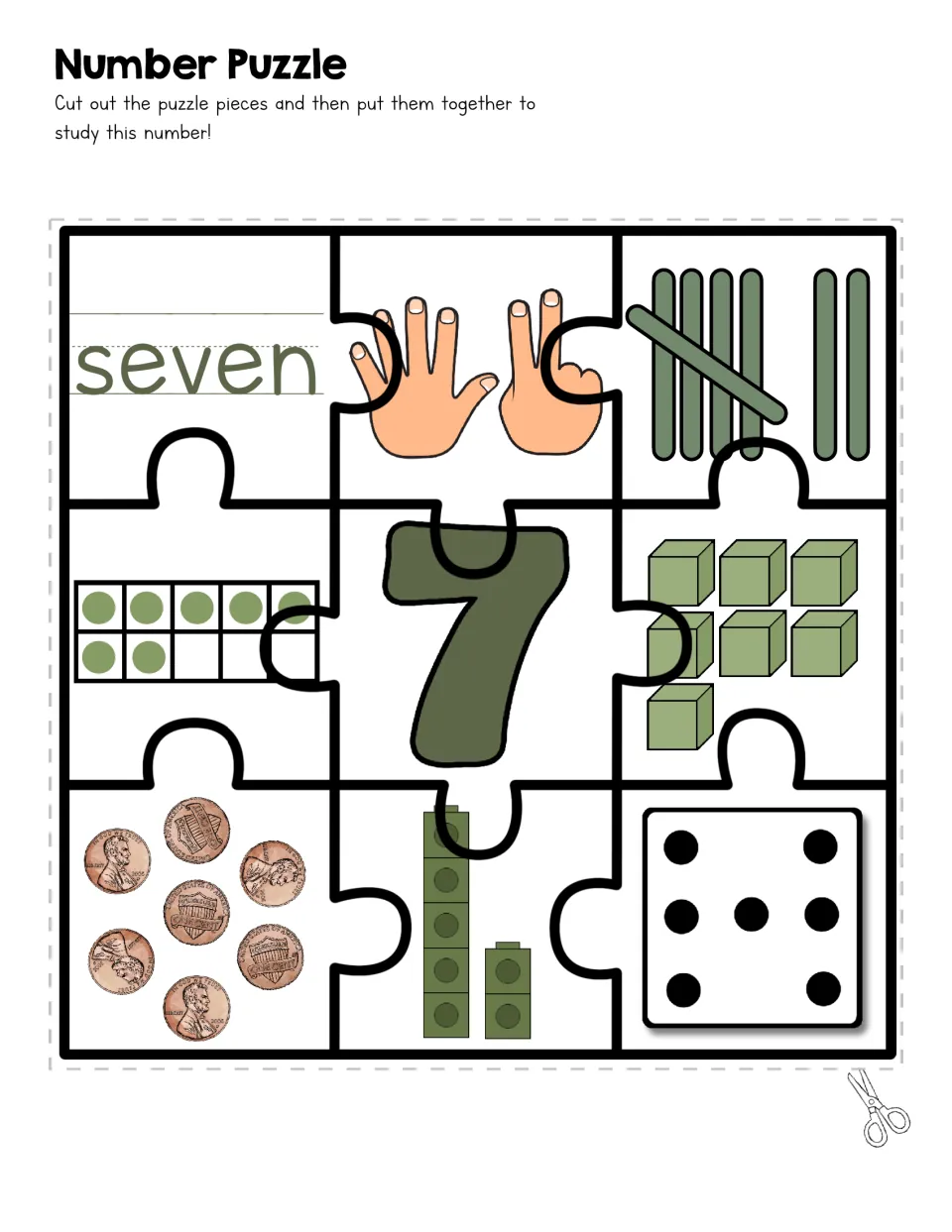 Number 7 puzzle: students cut and match seven to fingers on two hands, tallies, a ten frame, cubes, pennies and a die