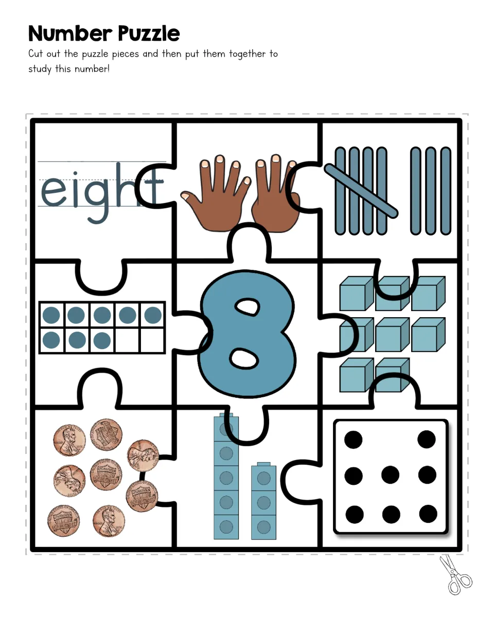 Number 8 puzzle: students rebuild pieces linking eight to raised fingers, tallies, a ten frame, cubes, pennies and a die