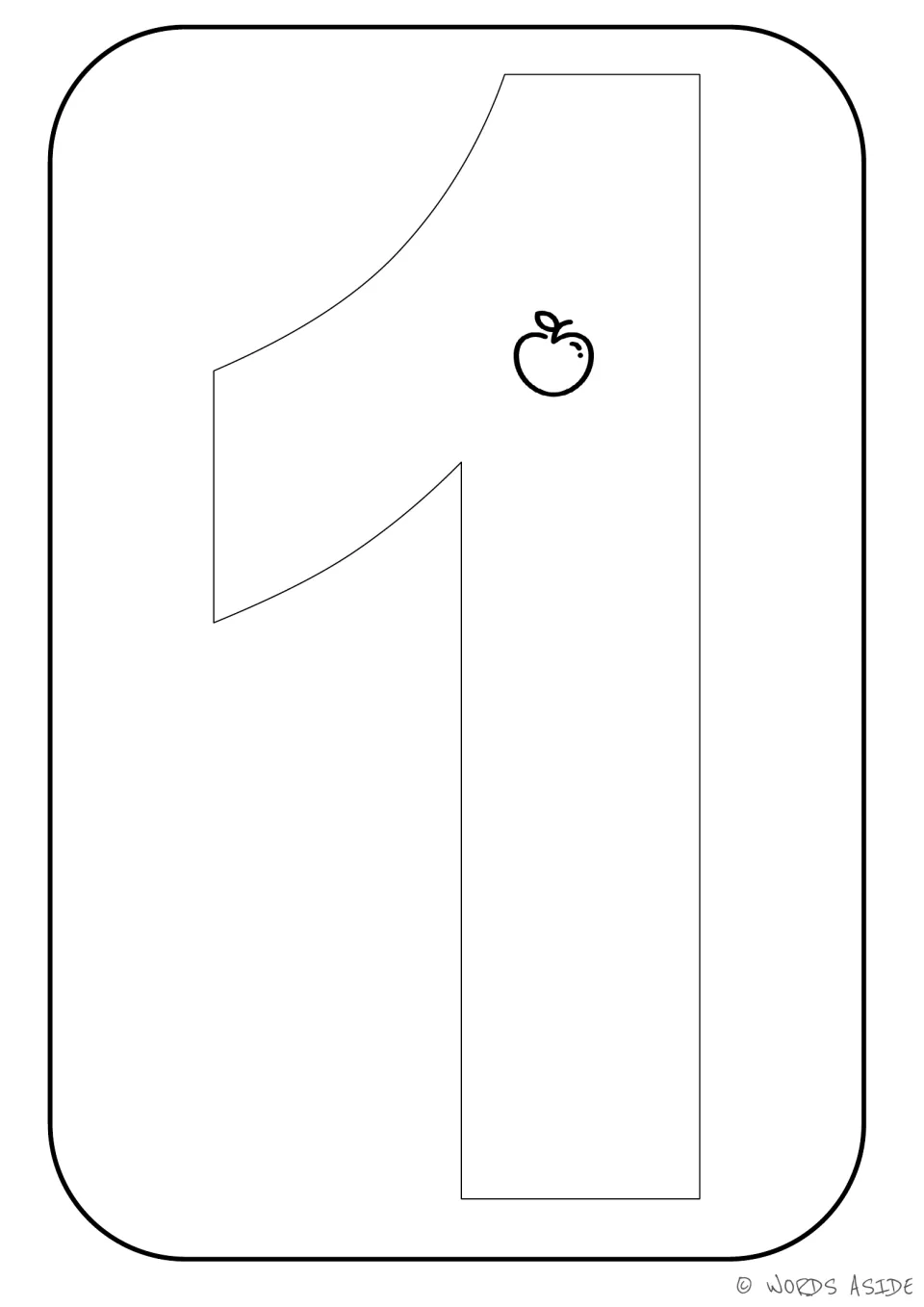 Number-quantity printable for 1, showing one apple inside the numeral to represent a quantity of one.