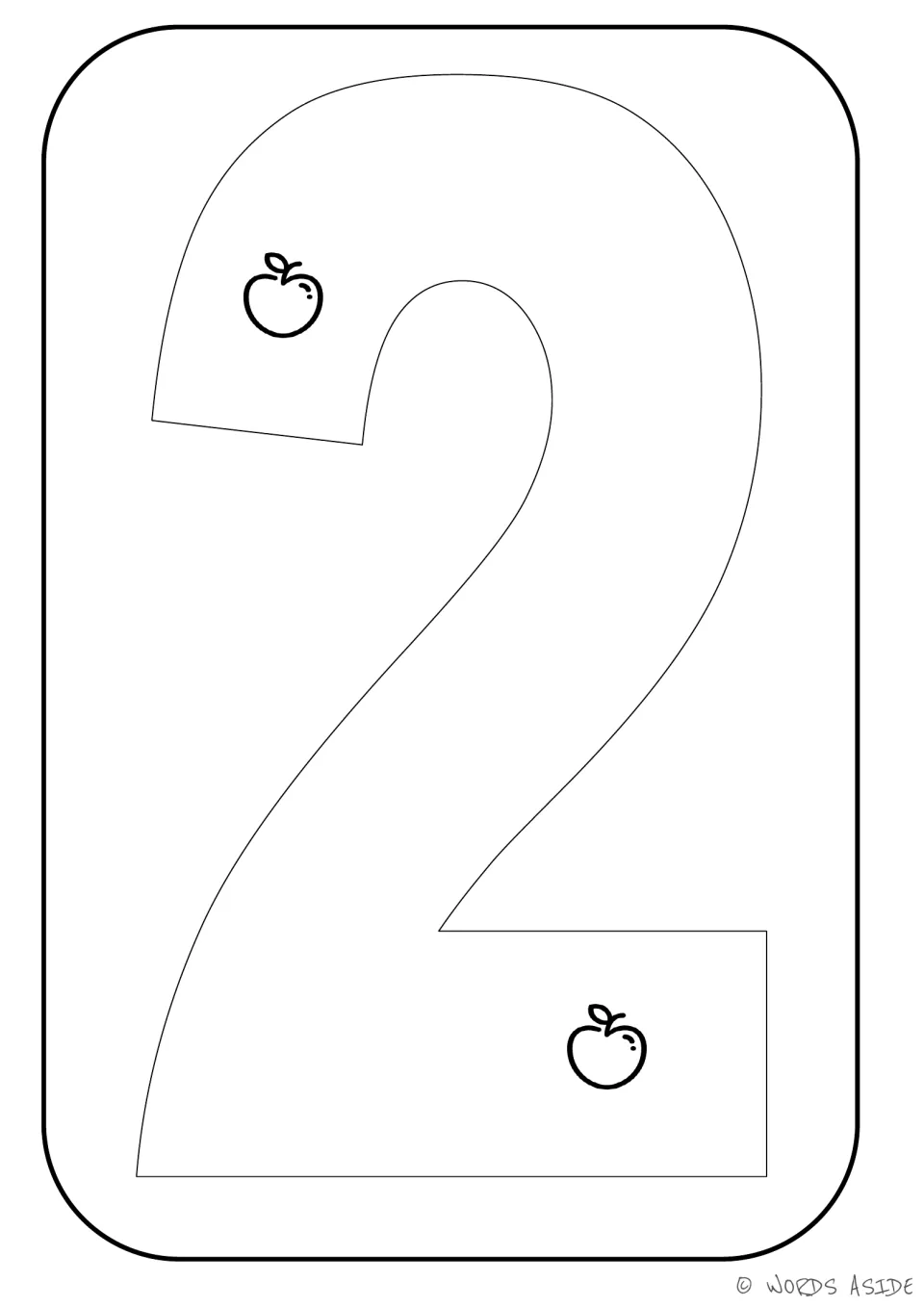 Number-quantity printable for 2, showing two apples inside the numeral to represent a quantity of two.