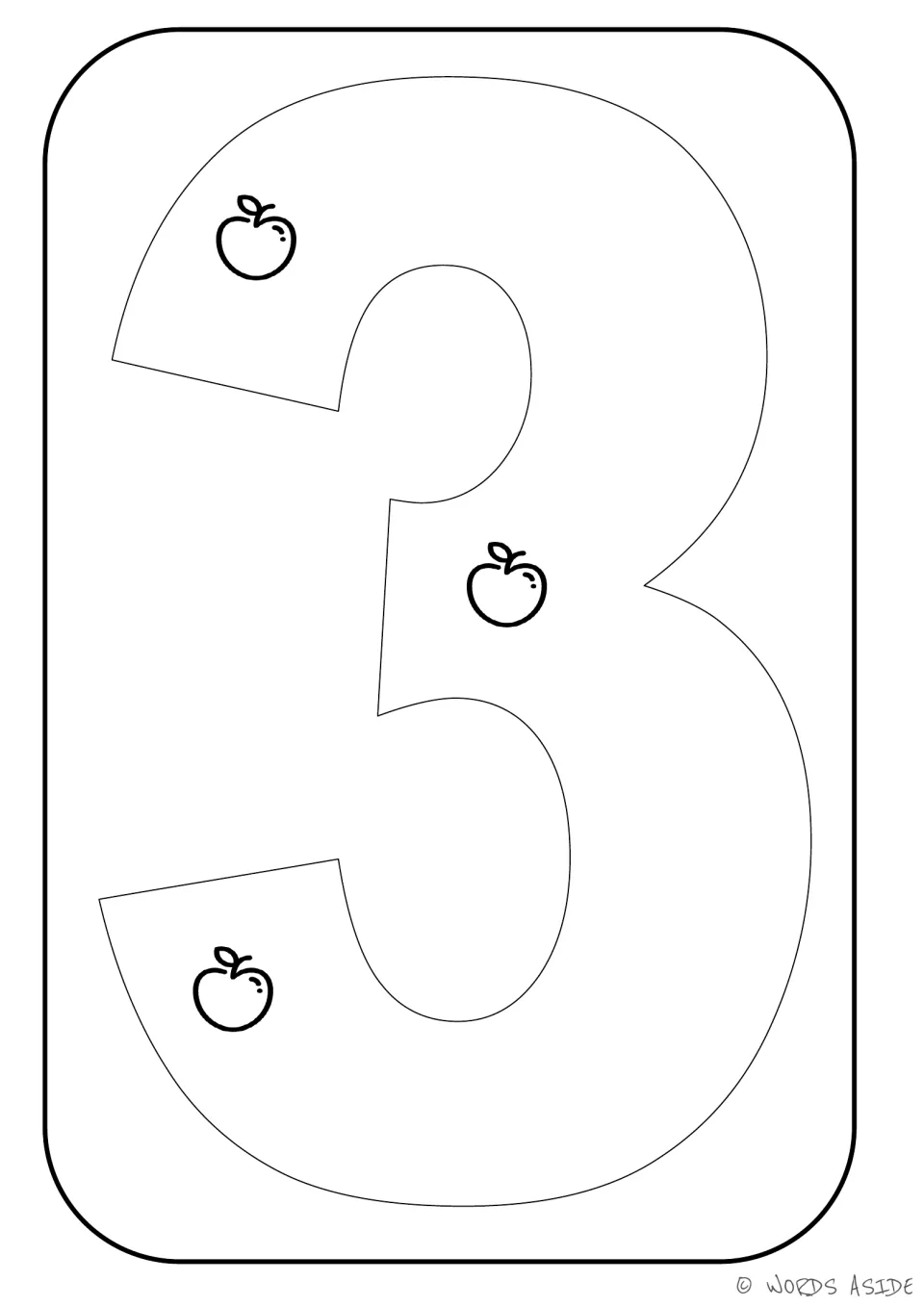 Number-quantity printable for 3, showing three apples inside the numeral to represent a quantity of three.