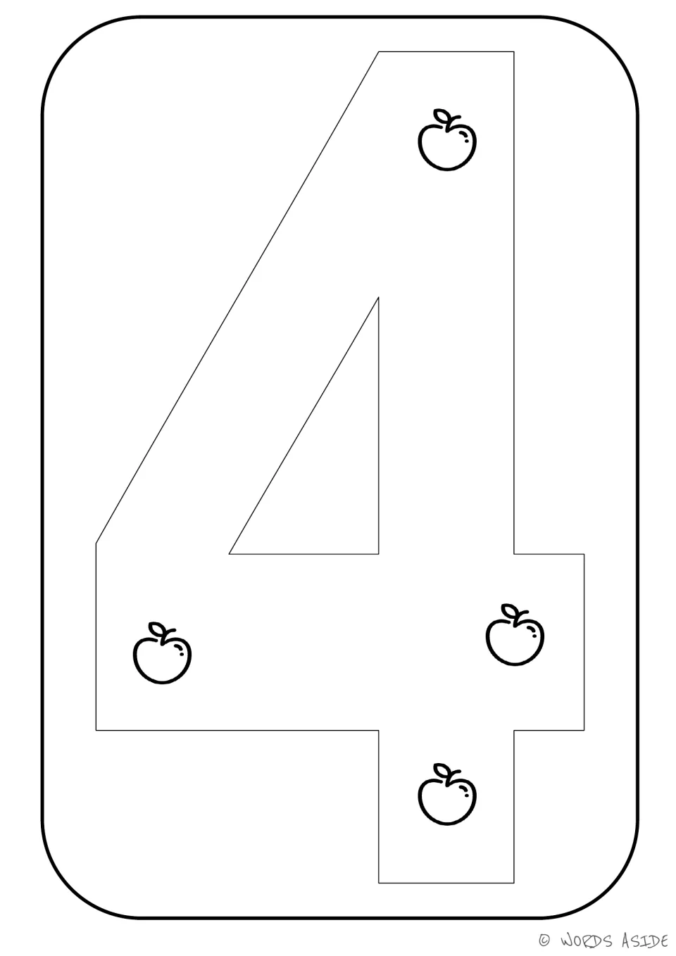 Number-quantity printable for 4, showing four apples inside the numeral to represent a quantity of four.