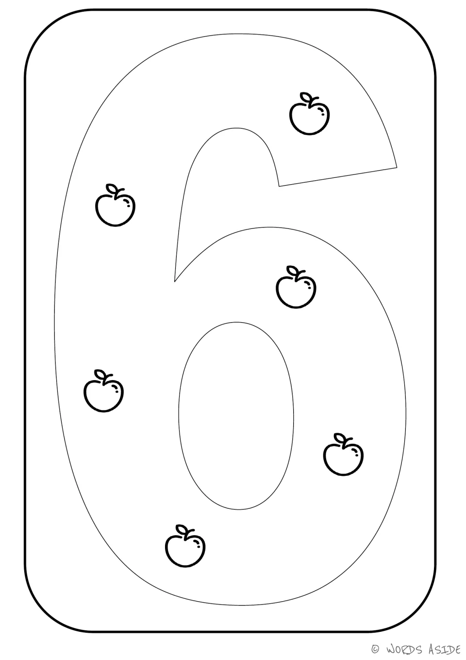 Number-quantity printable for 6, showing six apples inside the numeral to represent a quantity of six.