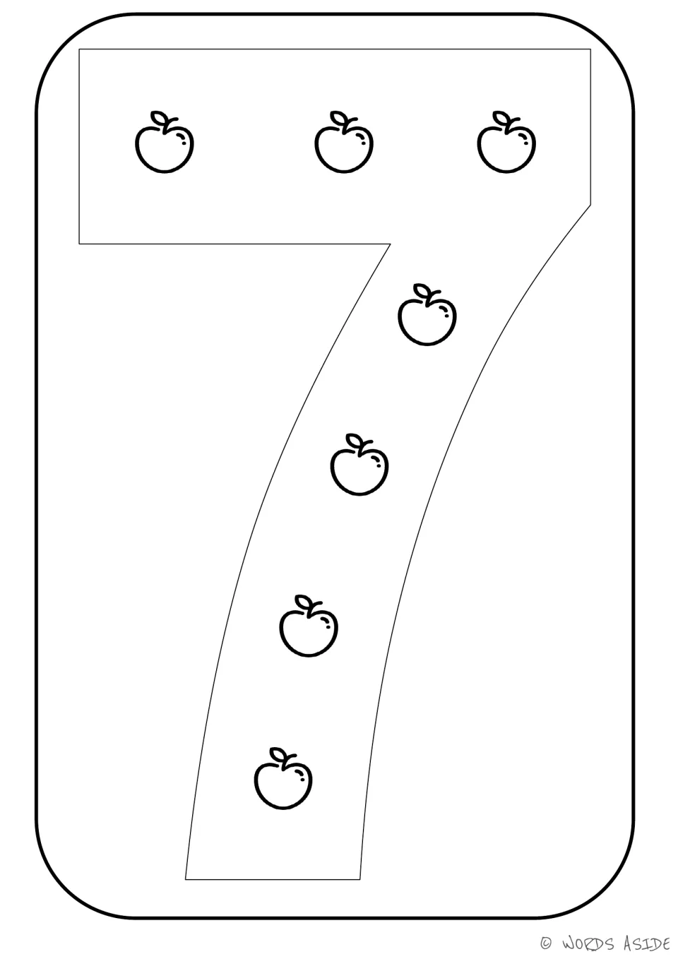 Number-quantity printable for 7, showing seven apples inside the numeral to represent a quantity of seven.