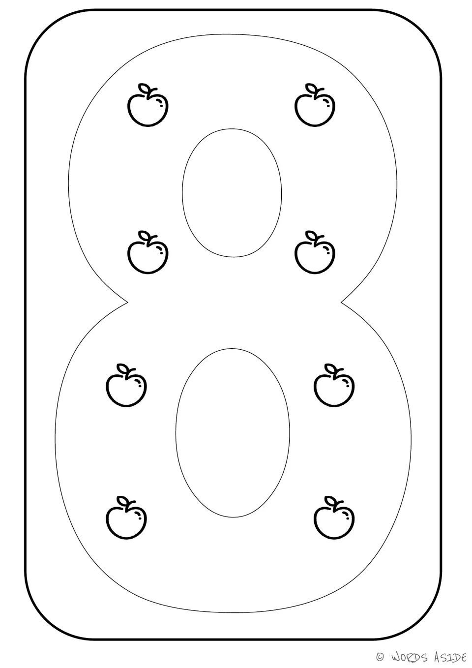 Number-quantity printable for 8, showing eight apples inside the numeral to represent a quantity of eight.