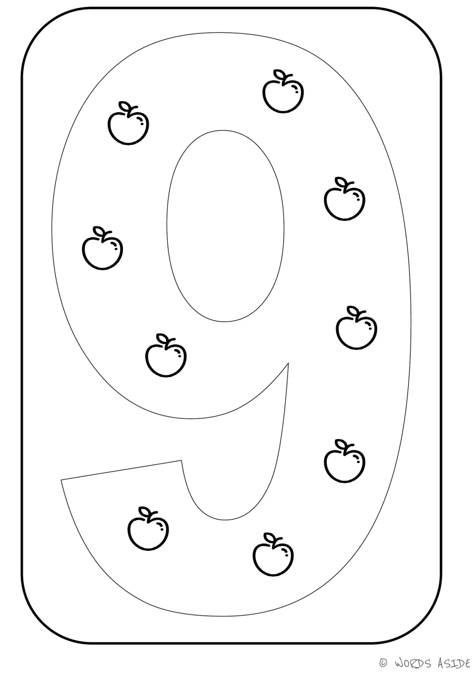 Number-quantity printable for 9, showing nine apples inside the numeral to represent a quantity of nine.