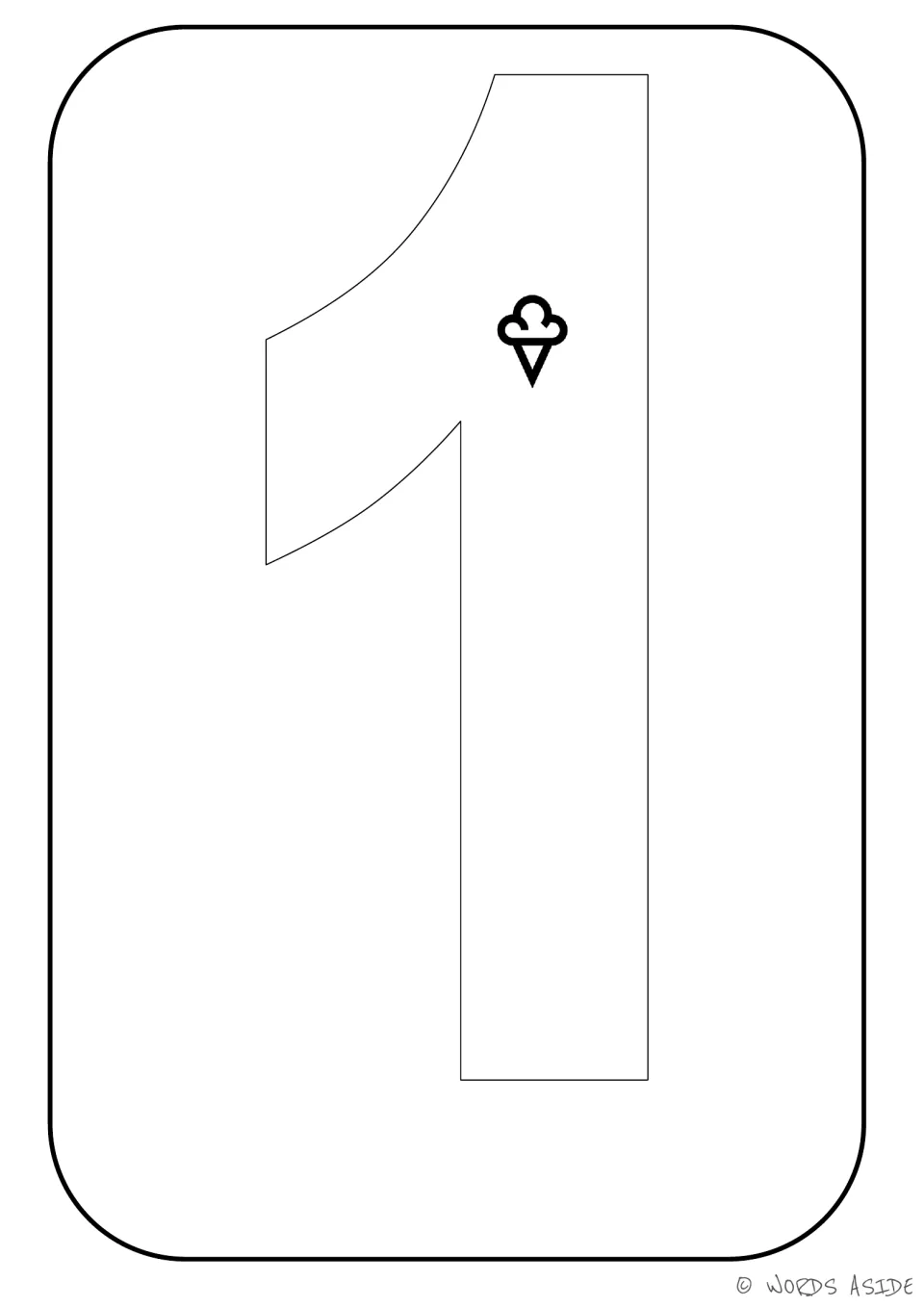 Number-quantity printable for 1, showing one ice cream cone inside the numeral to represent a quantity of one.
