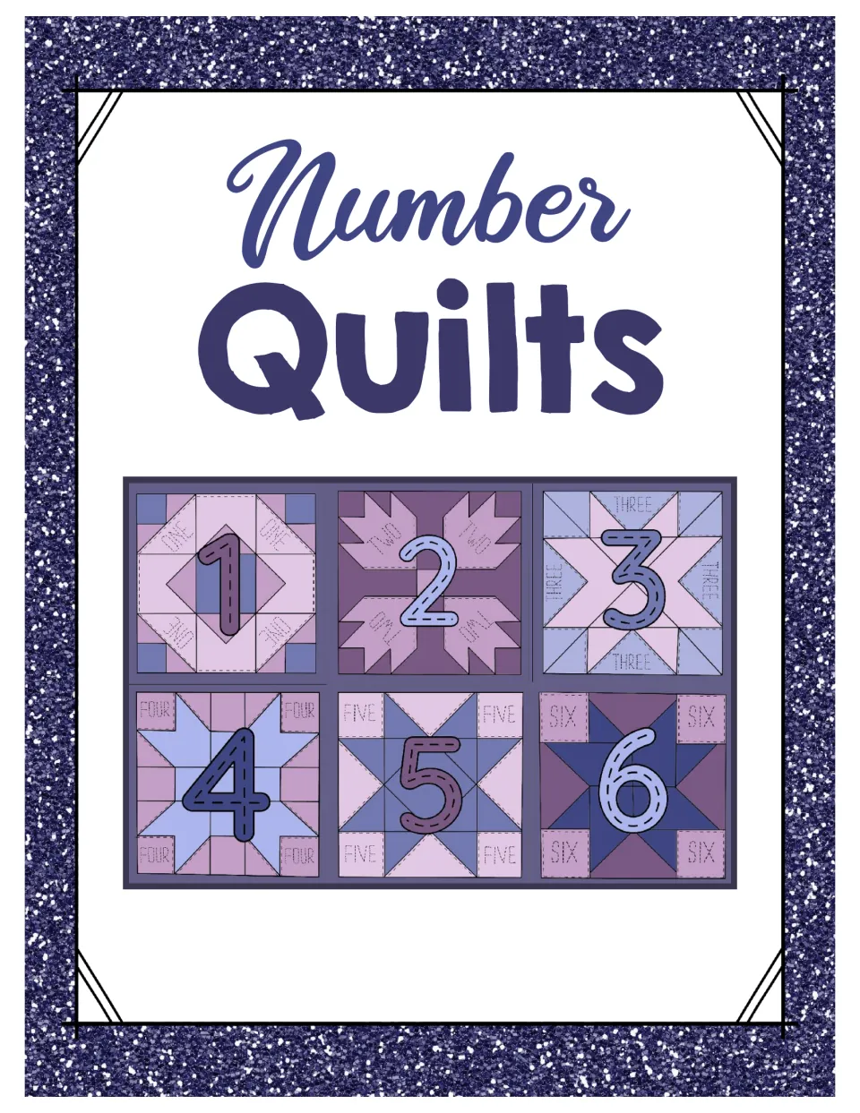 Number Quilts cover showing six colored sample quilt blocks featuring numerals 1–6 and matching number words