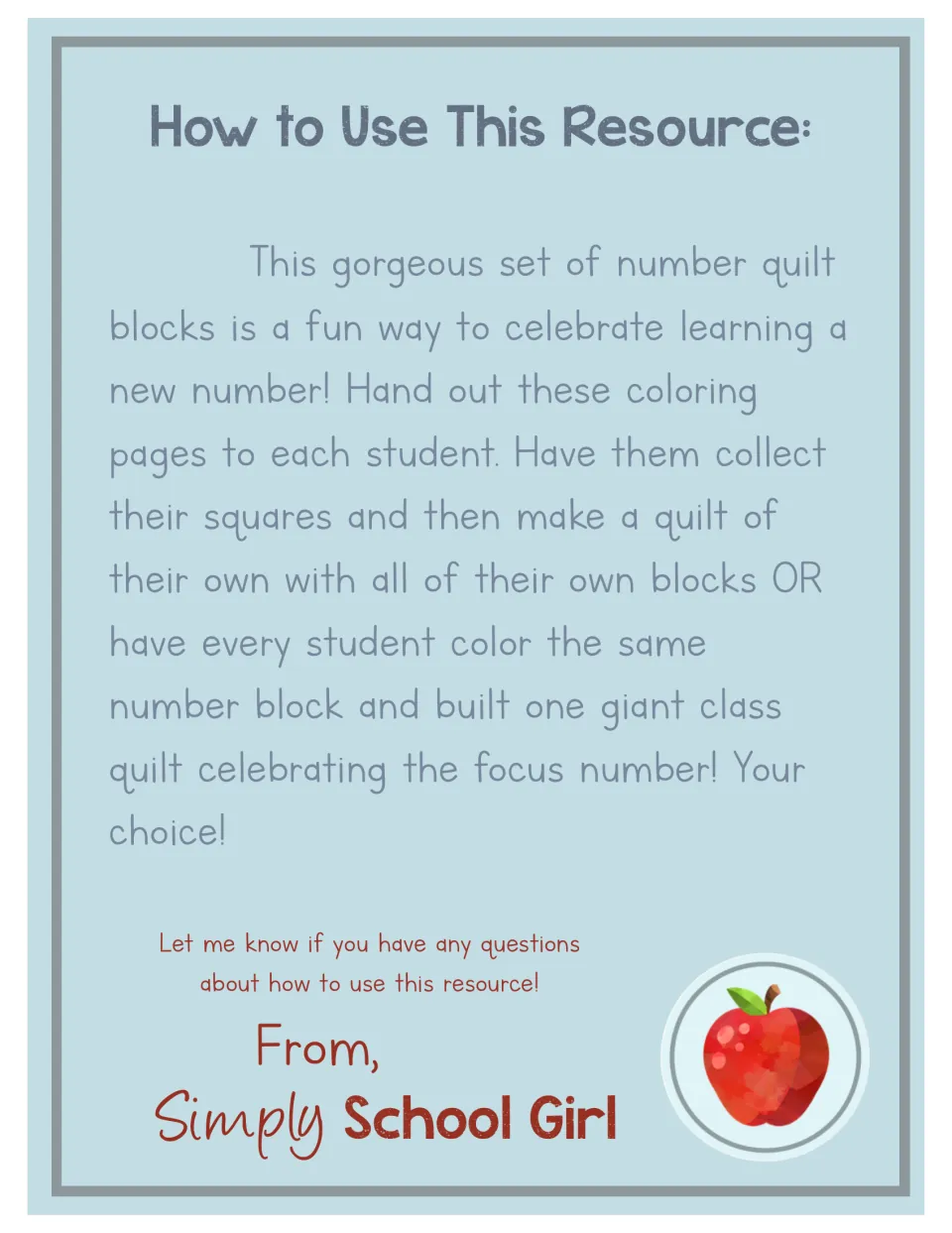 Directions for coloring number quilt blocks and collecting them into individual quilts or one class quilt