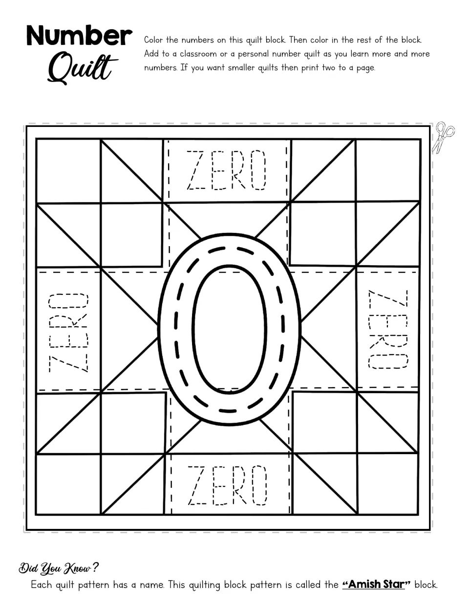 Number quilt activity for 0 with a traceable numeral, the word ZERO repeated, and an Amish Star coloring design