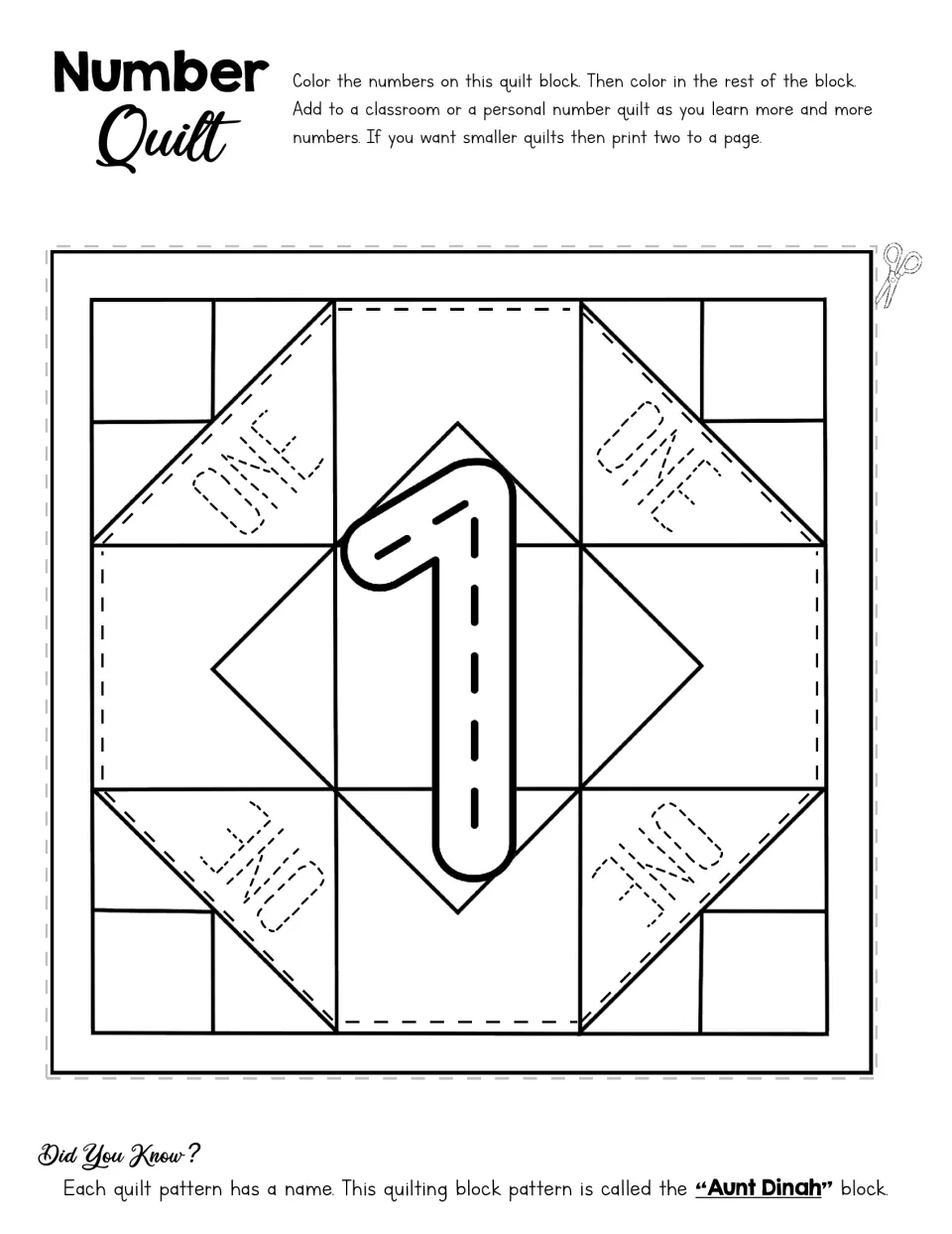 Number quilt activity for 1 with a traceable numeral, the word ONE repeated, and an Aunt Dinah coloring design