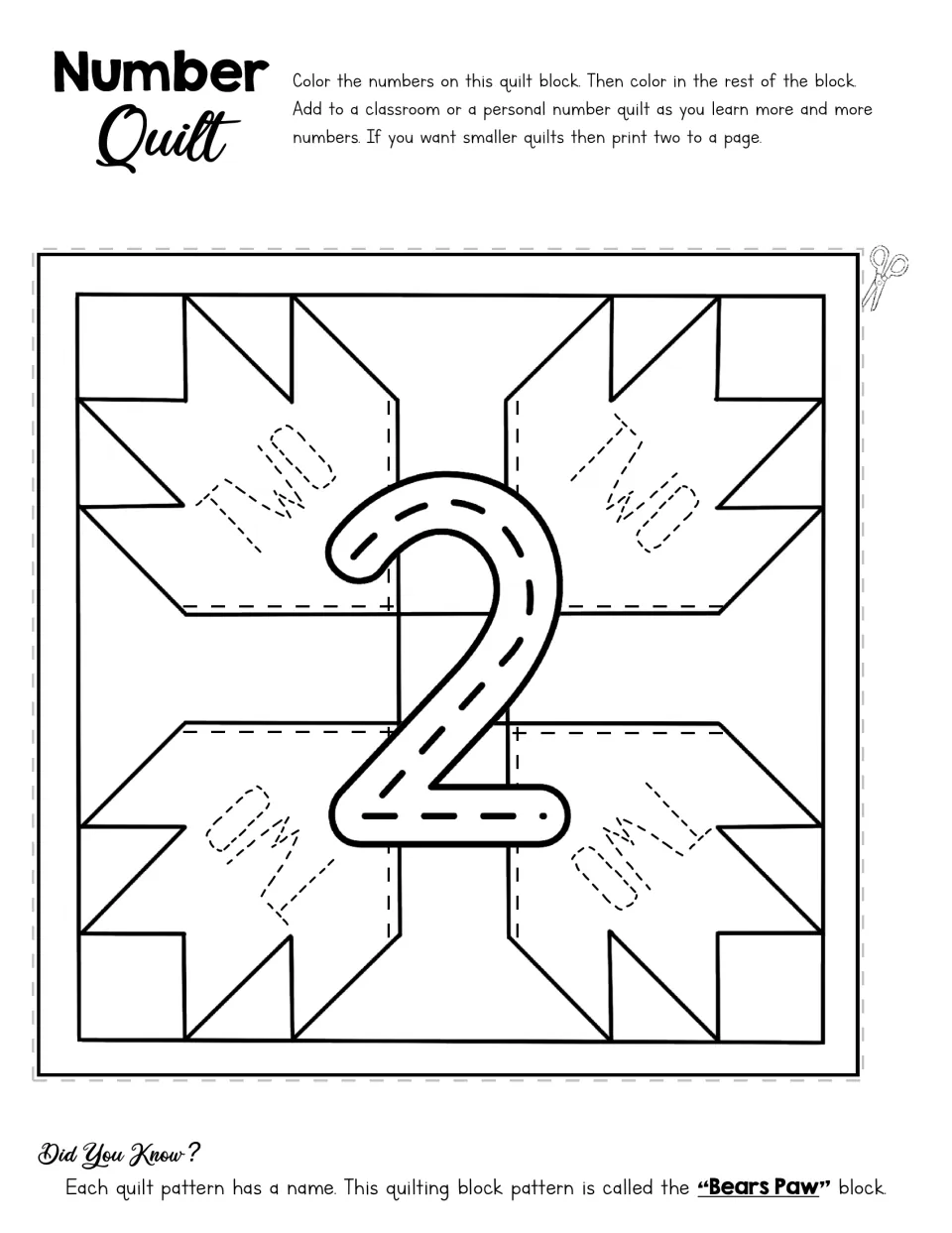 Number quilt activity for 2 with a traceable numeral, the word TWO repeated, and a Bears Paw coloring design
