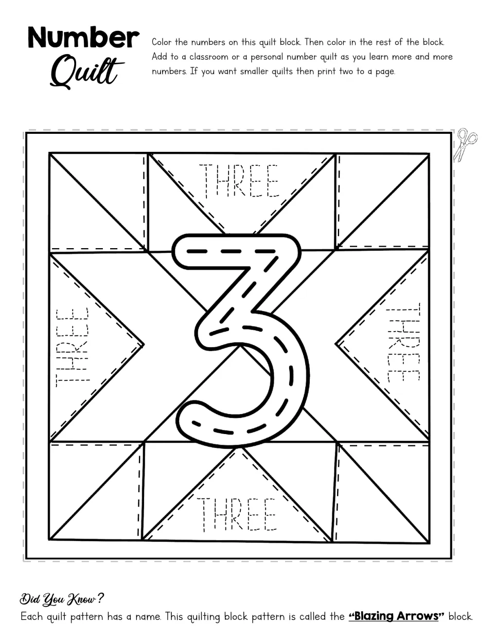 Number quilt activity for 3 with a traceable numeral, repeated word THREE, and a Blazing Arrows coloring design