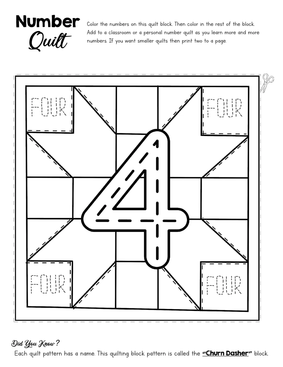 Number quilt activity for 4 with a traceable numeral, repeated word FOUR, and a Churn Dasher coloring design