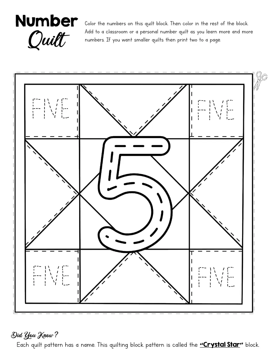 Number quilt activity for 5 with a traceable numeral, repeated word FIVE, and a Crystal Star coloring design