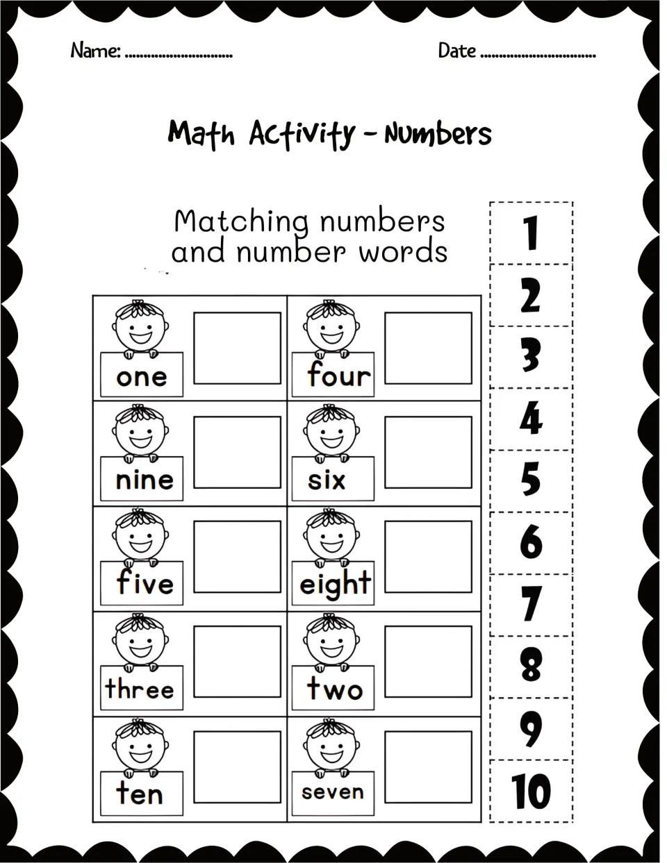 Matching numbers and number words 1-10: students cut out numeral tiles and glue each beside its word, such as four or nine