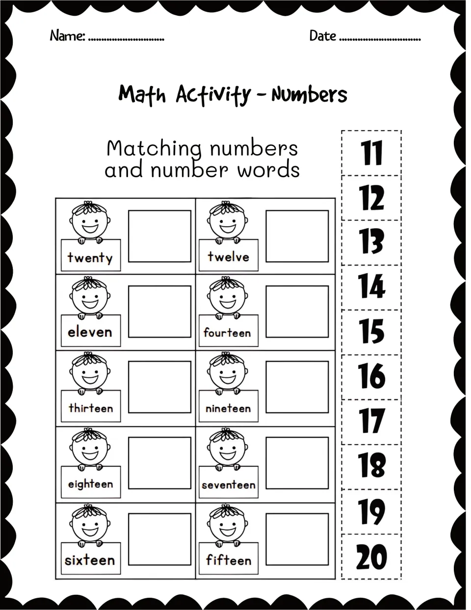 Matching numbers and number words 11-20: students cut out numeral tiles and glue each by its word, like twelve or nineteen