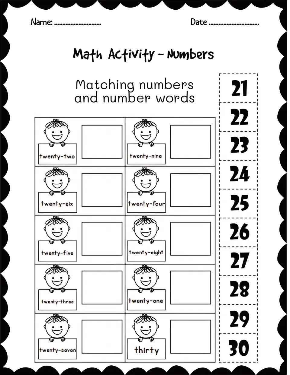 Number word matching for 21-30: students cut out numeral tiles and paste each next to words such as twenty-six and thirty