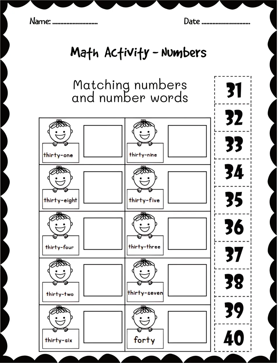 Number word matching for 31-40: students cut out numeral tiles and paste each beside words like thirty-eight and forty