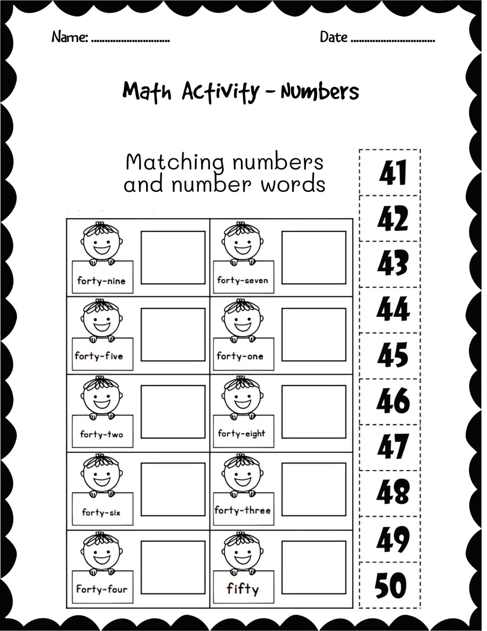 Number word matching for 41-50: students cut out numeral tiles and glue each by words such as forty-seven and fifty
