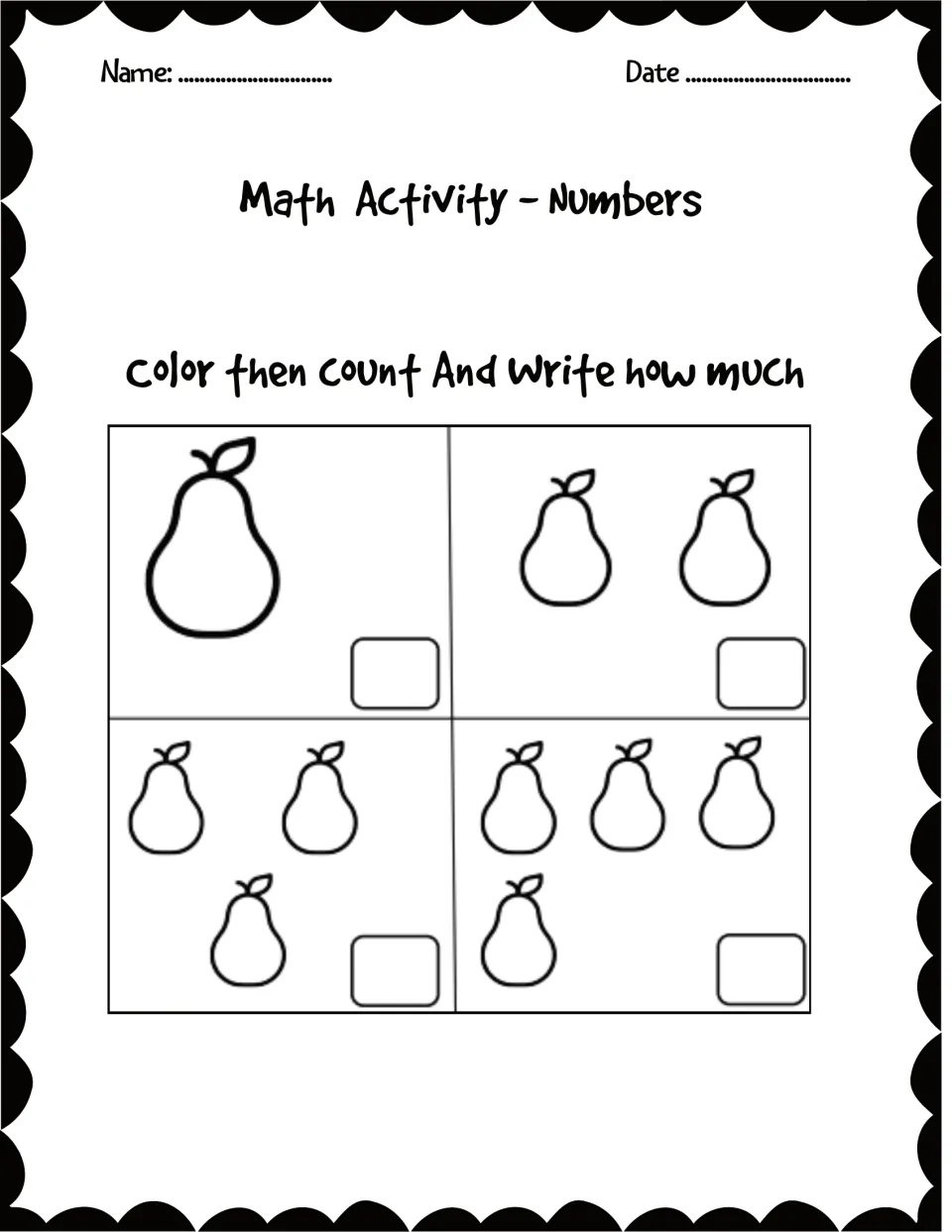 Color then count: students color sets of 1, 2, 3 and 4 pears and write how many are in each set to practise counting